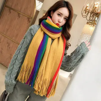 

Girl Scarf Autumn Winter Women New Rainbow Striped Thick Neck Scarf Warm Scarf Imitation Cashmere Tassel Shawl Girls Scarf