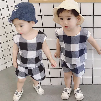

Fashion Baby Boys Clothes Set 2020 Summer Kids Clothes 2 Pcs Cotton Plaid Vest Tops Shorts Kids Outfits Sport Suit for Boys