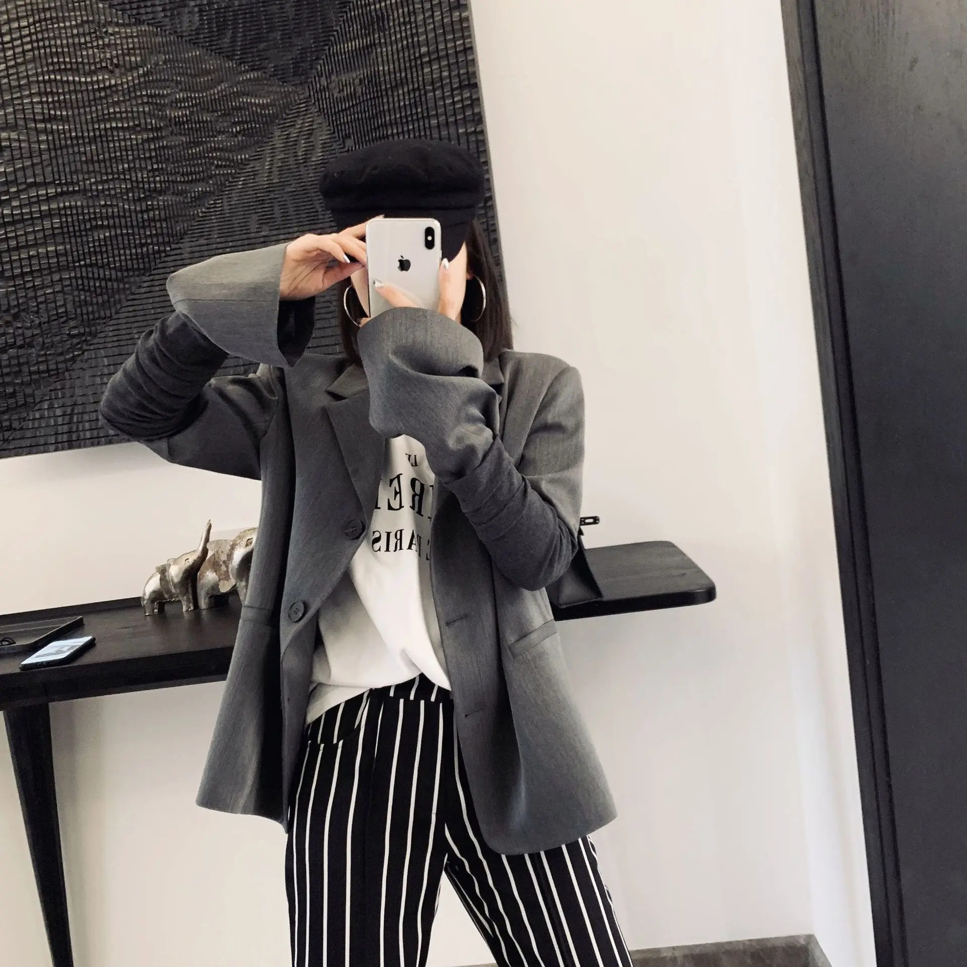 

2019 New Suit Personality Network Red Tide Sleeve Suit Two-piece Medium Grey Lapel Notched Single Breasted Women Jackets Coats