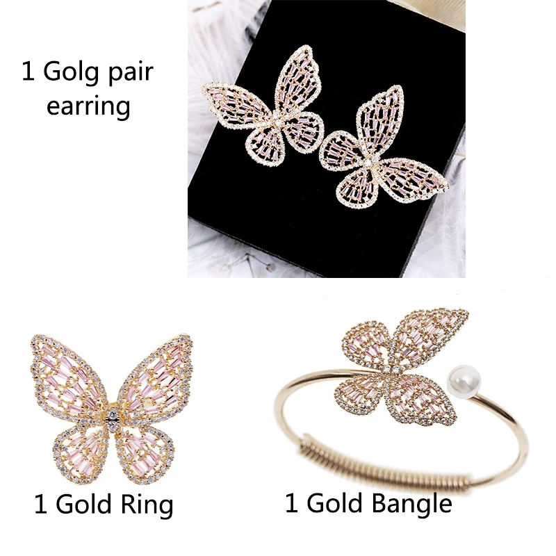 Женский Открытый браслет, милый кубический циркон, манжета, браслеты, элегантный CZ бабочка, OL, жемчужный браслет для женщин, бижутерия, подарок - Окраска металла: Gold Set