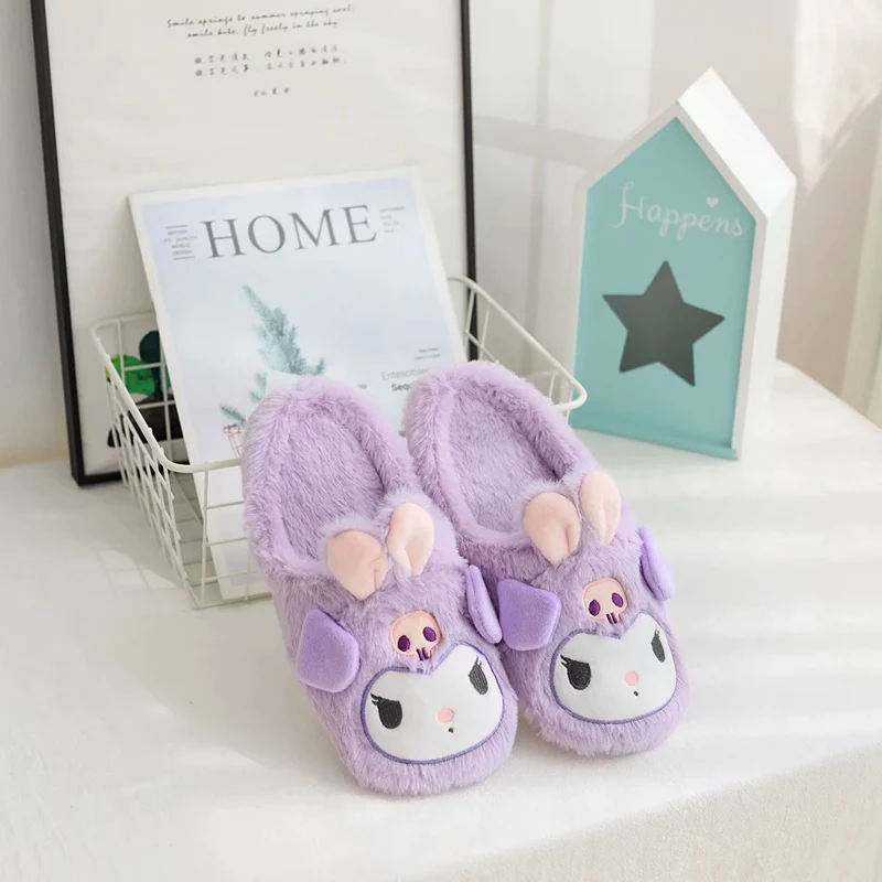 Теплые домашние женские тапочки с милым животным рисунком мелодии; зимняя домашняя обувь на меху; женские нескользящие хлопковые домашние тапочки с эффектом памяти для девочек - Цвет: Фиолетовый