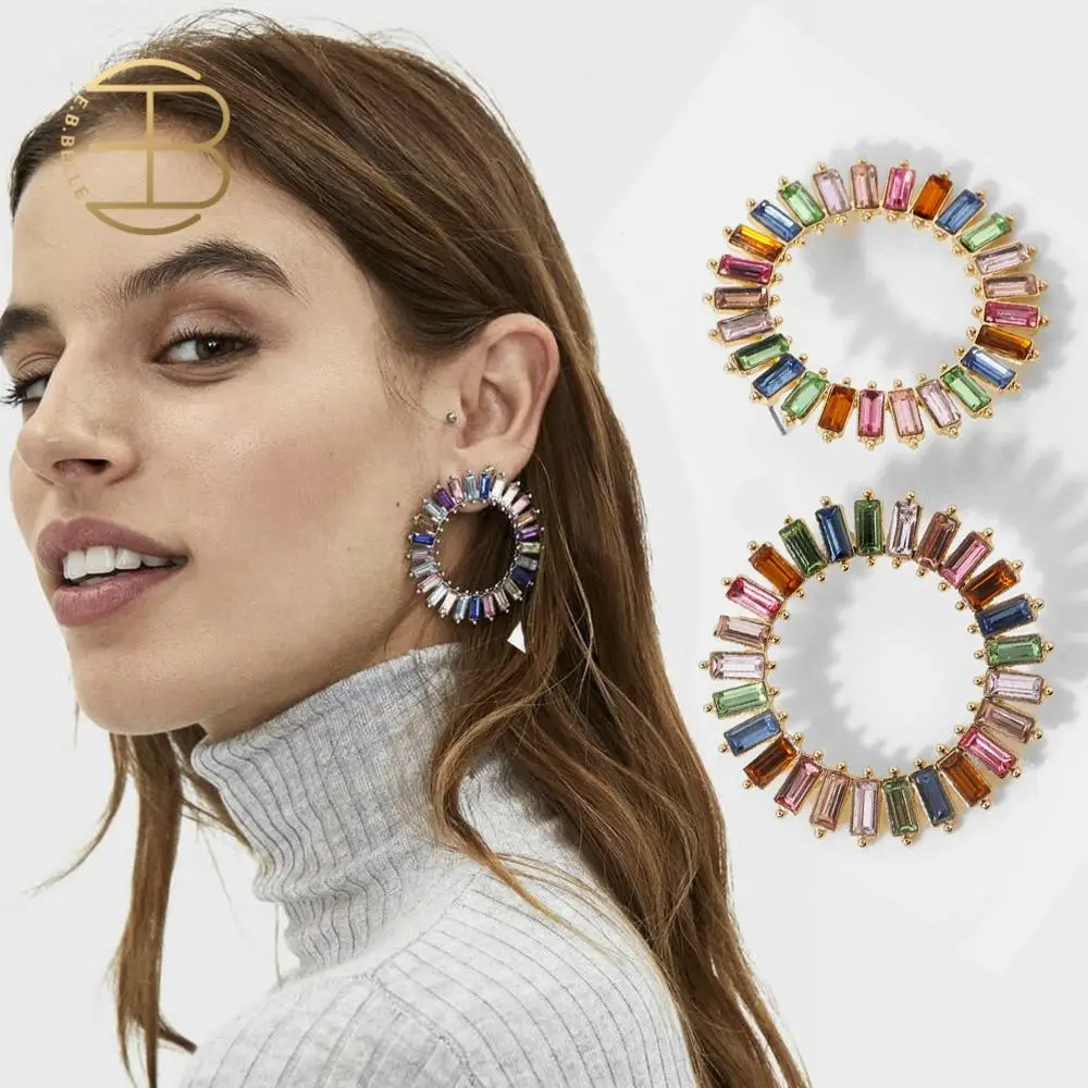 Женские серьги гвоздики с радужными кристаллами вечерние геометрические