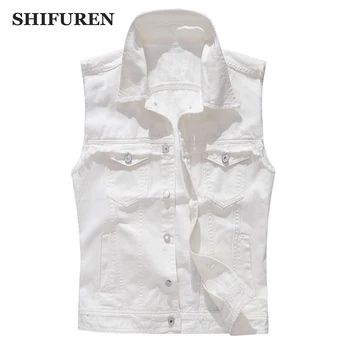 

SHIFUREN Men's Denim Vest White Sleeveless Jackets Coats Single Breasted Hip Hop Cowboy Jeans Waistcoat Tank Tops Outerwear