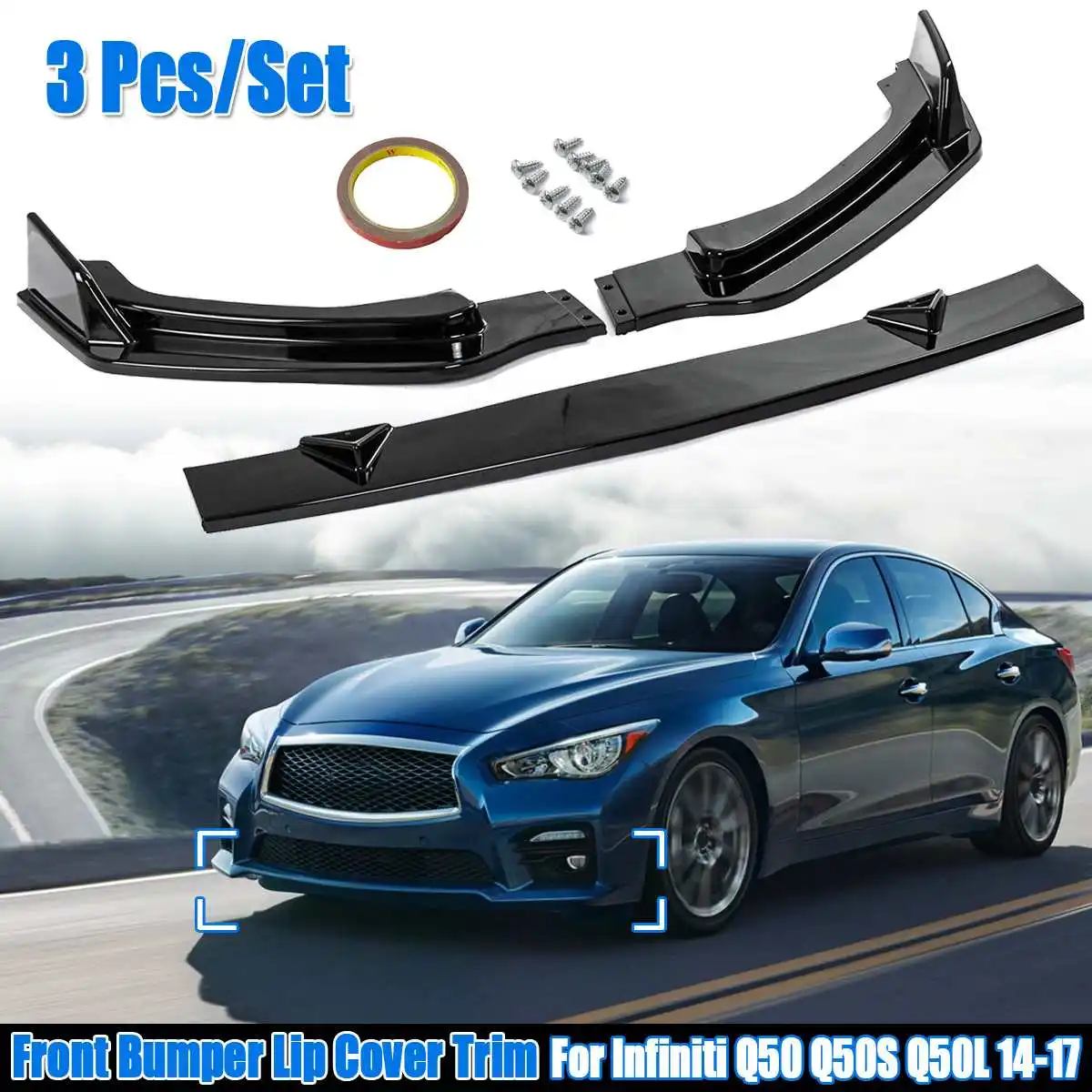 

3 Pcs/Set Glossy ABS Black Front Bumper Canard Chin Lip Spoiler Spliters For Infiniti Q50 Q50S Q50L 2014 2015-2017 Car Styling