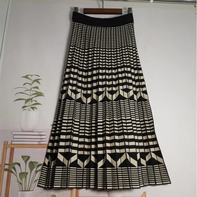 

Женская трикотажная юбка в клетку, элегантная плиссированная трапециевидная юбка миди с высокой талией и эластичным поясом, Осень-зима 2021
