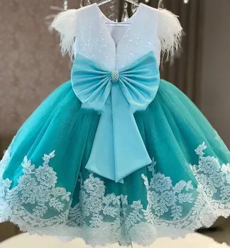 

Girls Communication Birthday Party Gowns Girls Beading Belt Feathers Lace Appliques Bow For Cute Baby Custom