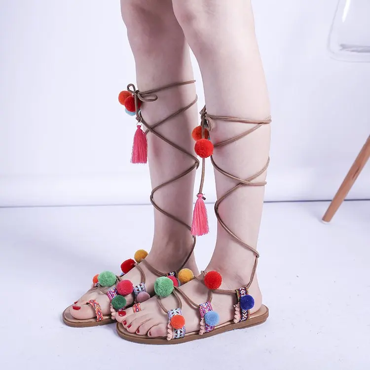 

2019 Summer New Style Europe And America Cross Straps Color Furry Ball Flat Sandals Bohemian Beach Low Heel WOMEN'S Shoes