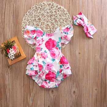 

2pcs Cotton suit Toddler Baby Girls Floral Petals sleeves bodysuit One-Piece Clothes Sunsuit +bowknot headband 0-24M