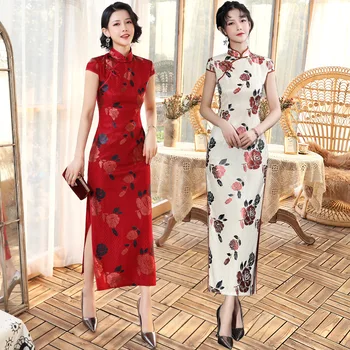 

Oversize 3XL Chinese Traditional Women Mandarin Collar Qipao Sexy Lace Slim Long Dress Show Clothing Print Floral Cheongsam