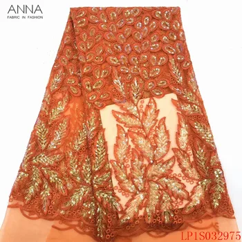 

Anna african sequins lace fabric 2020 high quality embroidery orange tulle fabrics 5 yards/pcs french net laces for dress sewing