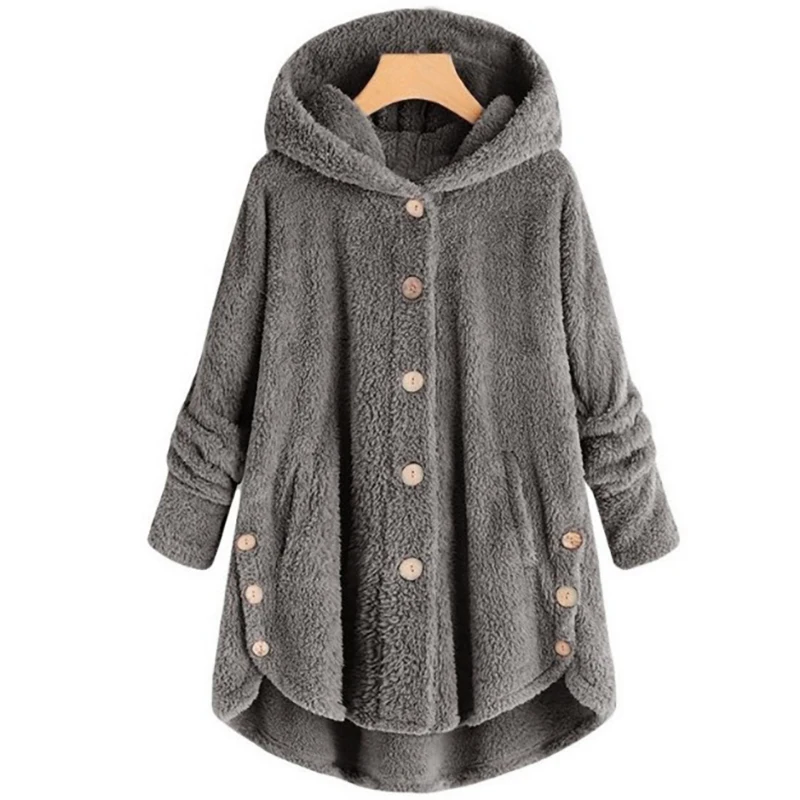 Women New Winter Plus Size S-5XL Button Coat Fluffy Tail Tops Hooded Pullover Loose Oversize Coats Warm Outwear for Fashion - Цвет: As The Picture Shows