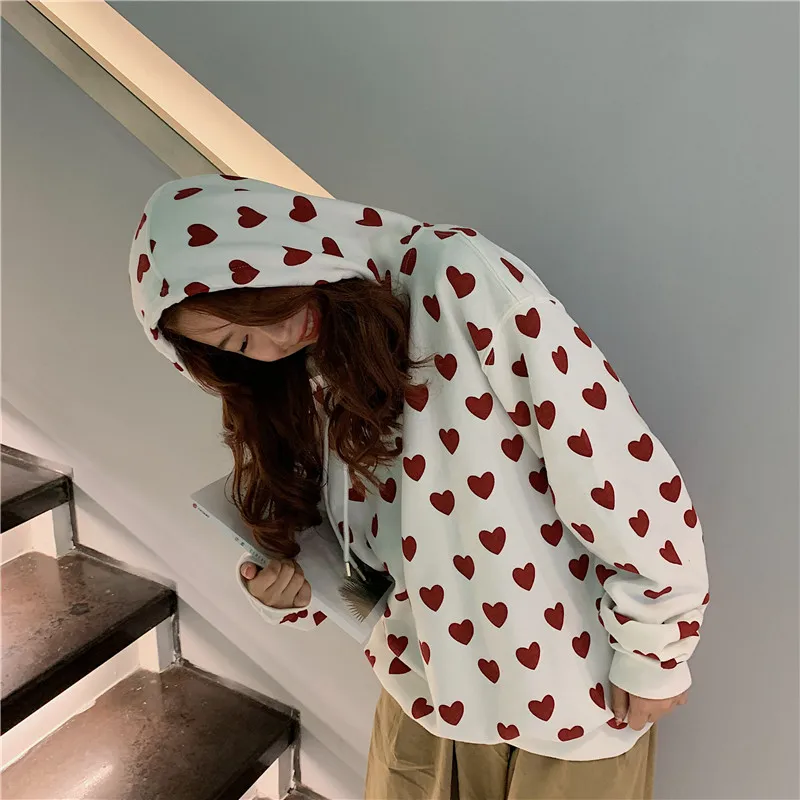 Толстовка с принтом в виде сердца для женщин Kawaii Толстовка Harajuku одежда пуловер с капюшоном корейского размера плюс хлопок Повседневная Уличная одежда Топ W112