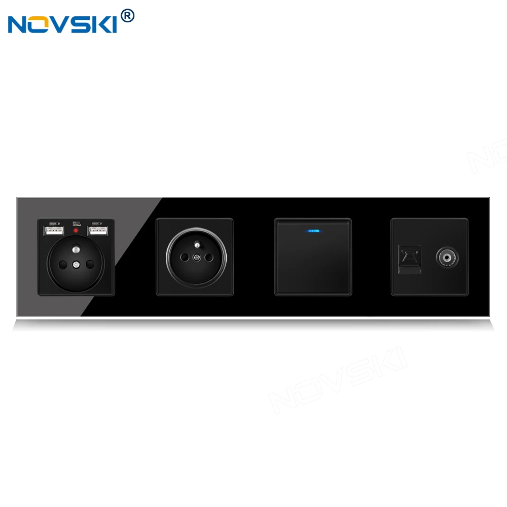 

344 EU Standard DIY Socket Quadruple Frame, French 4 Outlets, 2.1A Dual USB Charging Port, Data Socket German Bayer Base, Black