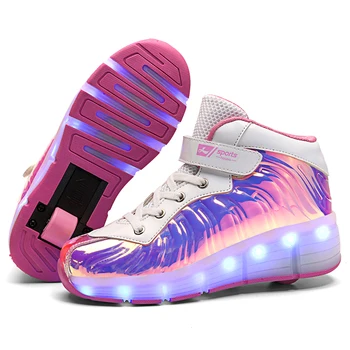 

USB Charging Fashion Girls Boys LED Light Roller Skate Shoes for Children Kids Sneakers with Wheels One Wheels Black