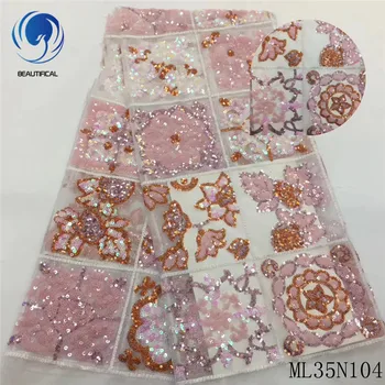 

Beautifical african lace fabrics Exquisite embroidery sequins net lace fabric for women hot slae 5yards french lace ML35N104