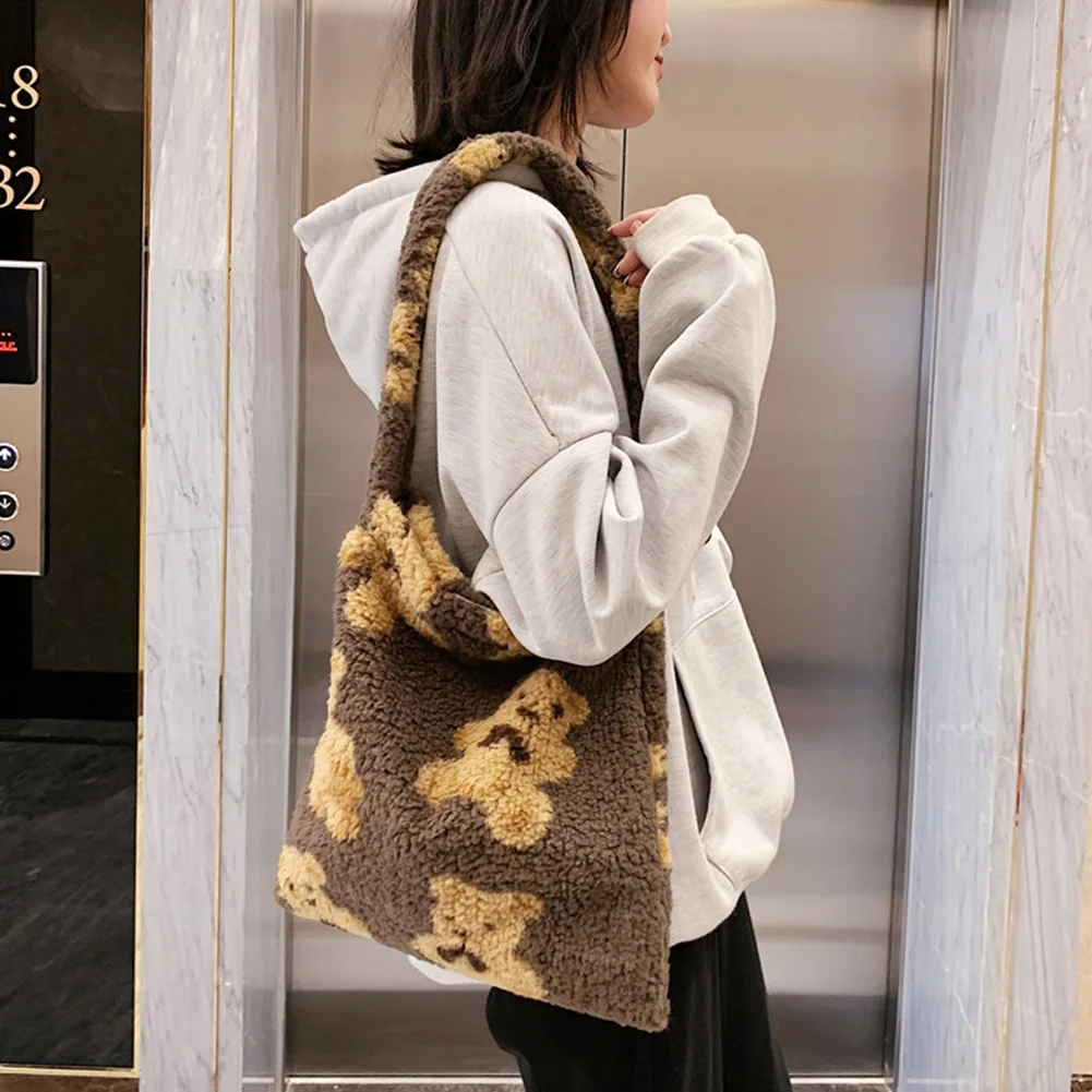 Fashion Exquisite Shopping Bag Cute Bear Print Top-handle Bag Female Autumn Fashion Plush Tote Shoulder Handbag