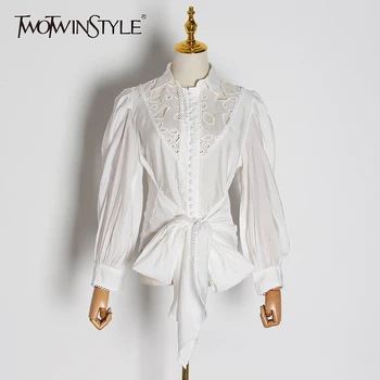 

TWOTWINSTYLE Hollow Out Lace Blouses Female Lapel Collar Lantern Long Sleeve Lace Up Bow Shirts For Women 2020 Fashion Clothing