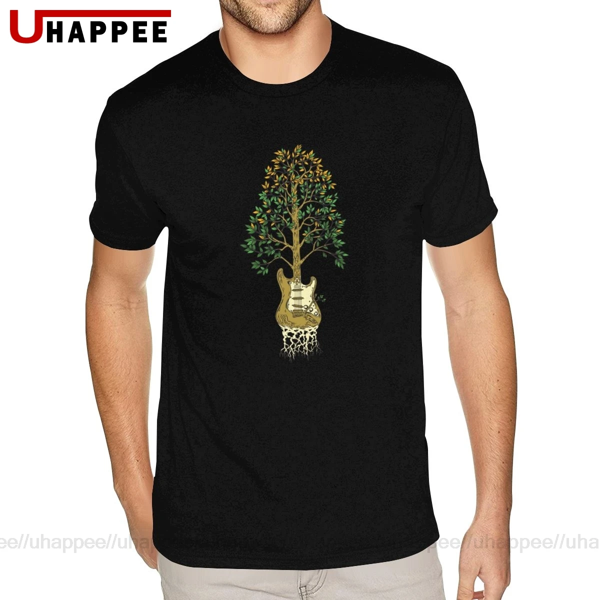 Lovely Guitar Music Tree Roots Shirt for Men Personalized Short Sleeves Red Round Neck Shirts | Мужская одежда
