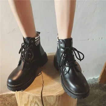 

Autumn Winter Women Boots Lace Up Letters Patchwork Casual Shoes Harajuku Fashion Street Martin Boots Motorcycle Shoes Black