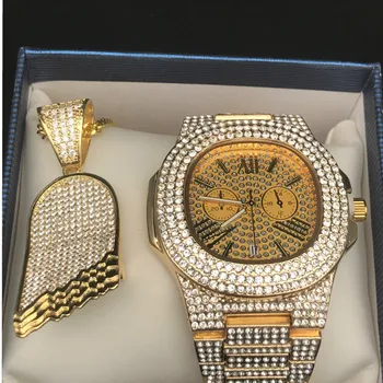 

Hip Hop Men Jewelry Stylish Watch & Necklace Combo Set Ice Out Cuabn Watch Pendant Crystal Miami Necklace Hip Hop For Men