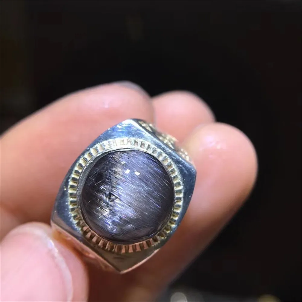 

11mm Genuine Natural Brookite Silver Rutilated Quartz Ring For Women Men Lucky Gemstone Crystal Adjustable Ring Jewelry AAAAA
