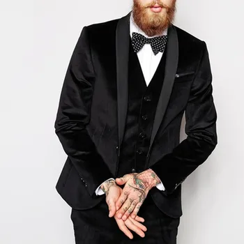 

Black velvet Men Suit Party Dress Tuxedos Business Men Suit Blazer Office Wear Mens Suits 3pcs(Jacket+Pants+Vest) Costume Homme