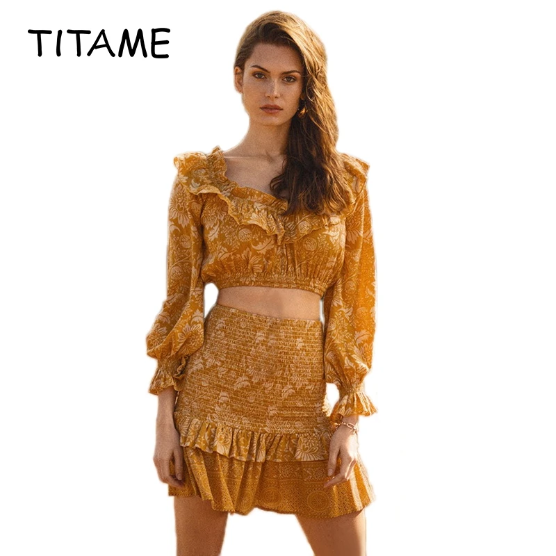 

TITAME 2020 Summer Bohemian Print Ruffle Skirt Off Shoulder Crop Top Two Piece Set Orange Casual Street Sweet Women Clothes