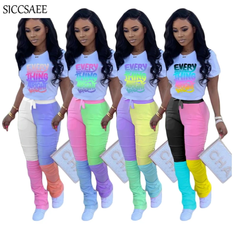 

Contrast Color Patchwork Letter Printed Two Piece Set Short Sleeve Tee Long Pants Sweat Suit Casual Clothing Activewear Wrinkle