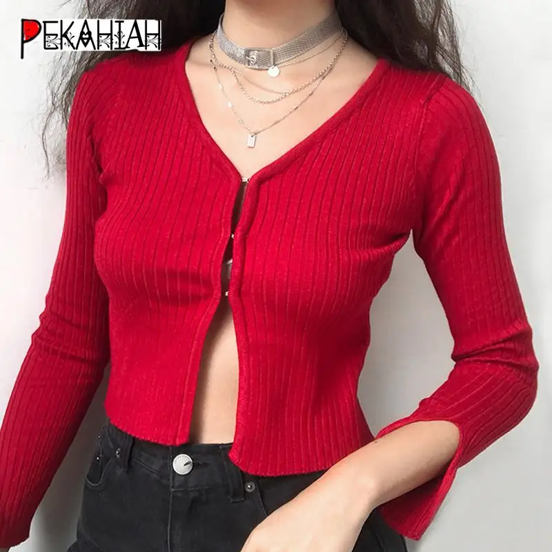 Женский ребристый Укороченный кардиган черный белый с длинным рукавом корейский