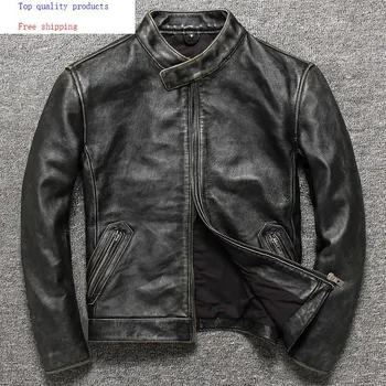 

Vintage Genuine Leather Jacket Men Short Spring Autumn Mens Real Cow Leather Jacket Stand Collar Motorcycle Cowhide Slim