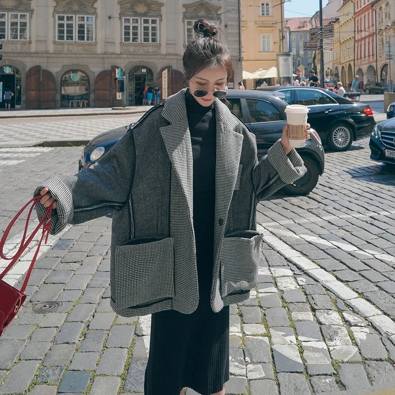 

Photo Shoot waitmore Retro Plaid Mid-length Suit Collar One-Button Reversible Wool Coat Women's