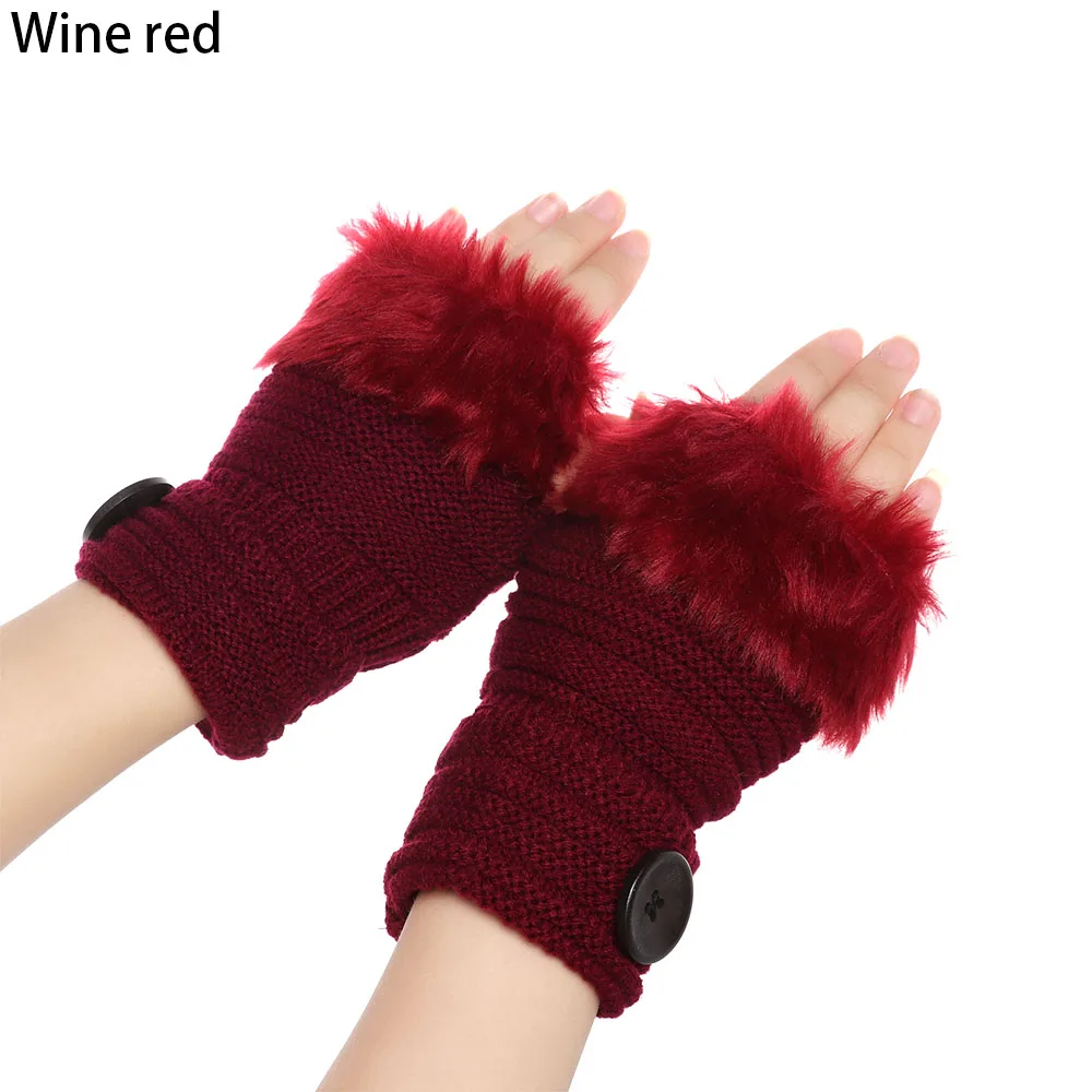 3-wine red Зимние осенние теплые модные наручные перчатки для девочек из искусственного кроличьего меха, вязаные женские вязаные варежки без пальцев, перчатки с открытыми пальцами - Цвет: 3-wine red