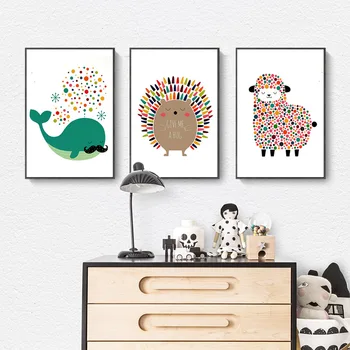 

Children's Room Decorative Canvas Painting Nordic Cartoon Animal Whale Hedgehog Lamb Modern Simple Hanging Picture Animal Print