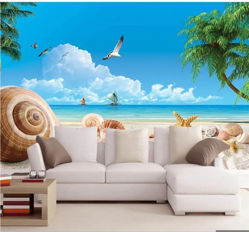 Xuesu Beach coconut shell seagull landscape mural bedroom living room custom wallpaper 8D waterproof material xuesu new chinese style bird abstract blue landscape wallpaper sofa bedroom custom mural 8d waterproof wall cloth