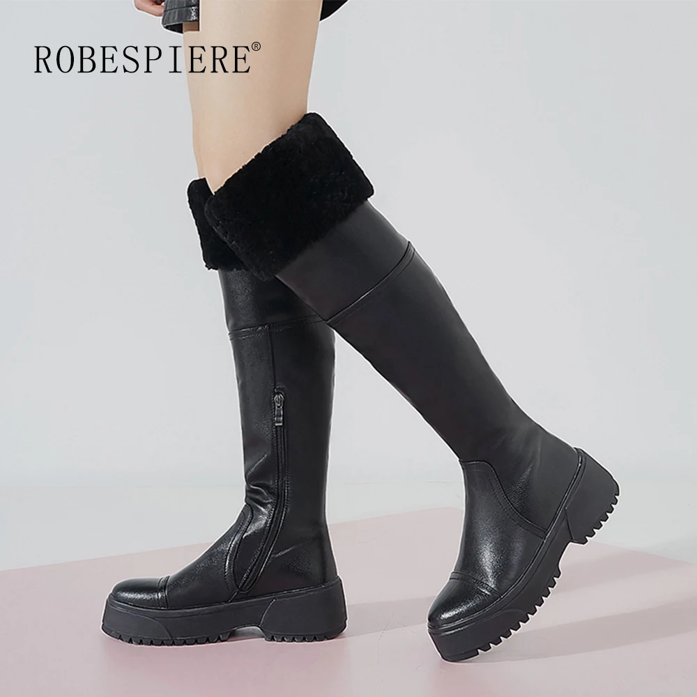 

ROBESPIERE Women Winter Snow Boots Genuine Leather Rabbit Fur Shoes Girls Pop Zip Platform Warm Plush Over The Knee Boots B160
