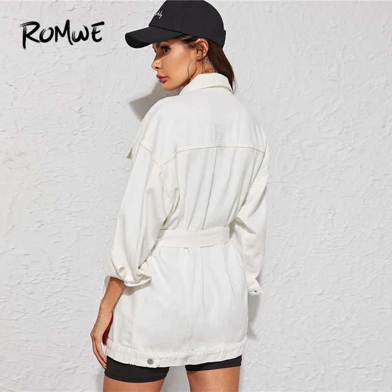 ROMWE White Wash Belted Longline Jean Jacket Coat Women Autumn Spring Solid Boylish Streetwear Long Sleeve Denim Long Jacket Top