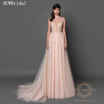 

Glitter Champagne Backless Evening Dress Sexy Halter A Line Long Wedding Party Dresses Bridal Women Prom Gowns Robe De Soiree