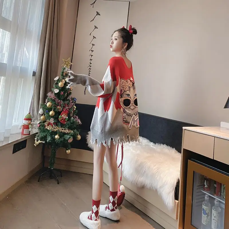 

Lazy style color matching loose fashion sweater women Pullover Korean winter christmas wear Korean red fall 2020