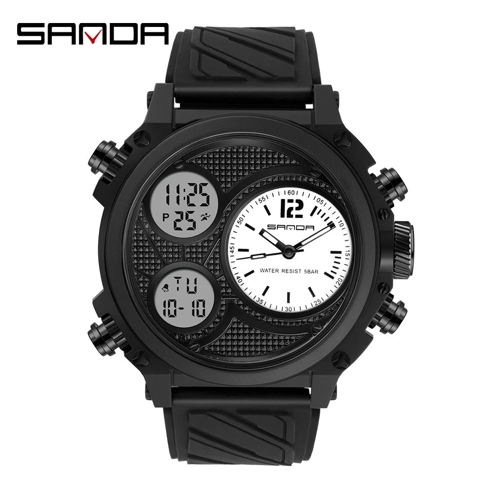 SANDA New Sports Watch Male Outdoor Luminous Waterproof GMT Dual Time Display Chronograph Week Calendar Electronic Watches 3001 