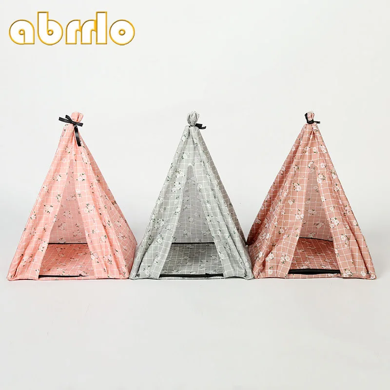 

Abrrlo 34x34x40cm Floral Plaid Pet Tent Dog House Bowknot Pet Cage Easy Operation Washable Dogs Cats Bed Playpen Puppy Kennel