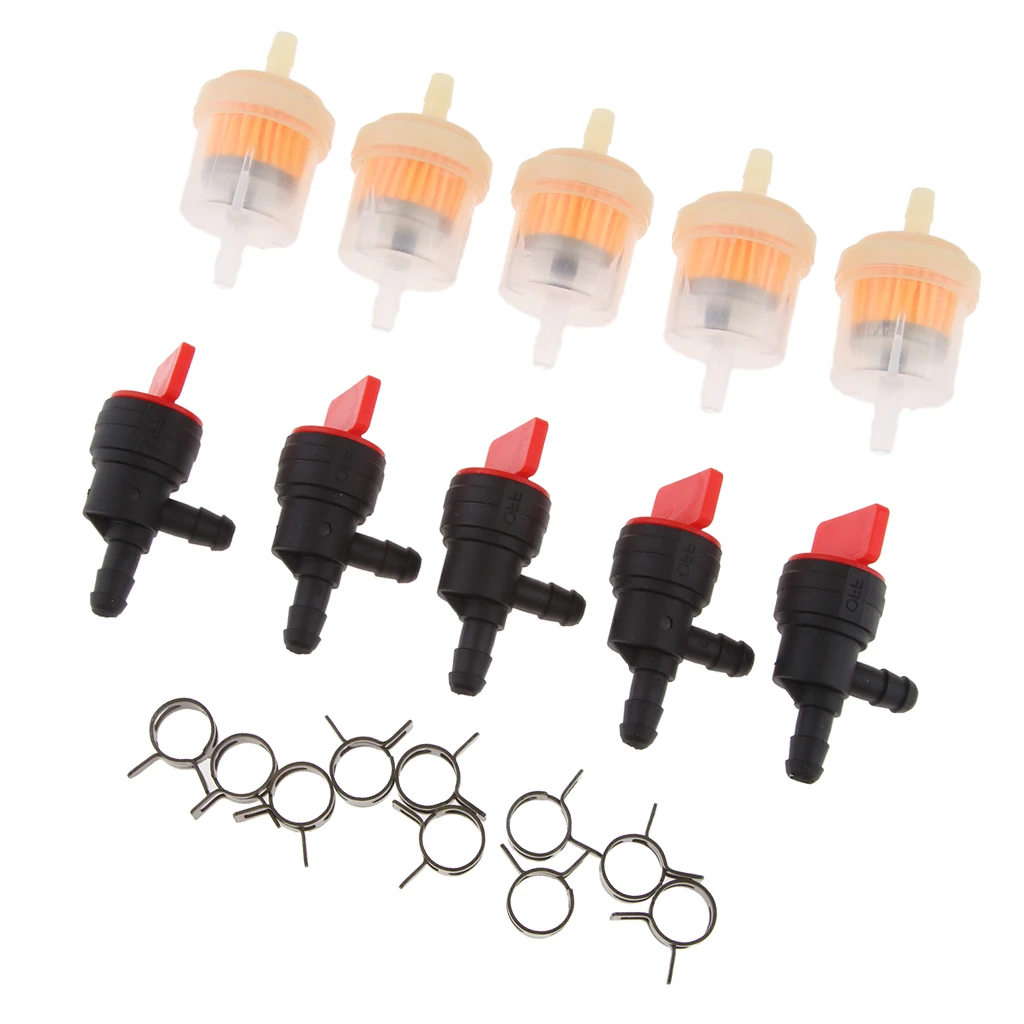 5Pcs 1/4 Inline Fuel Filters + 5Pcs 1/4 Shut Off Valves + 10Pcs Hose Clamps for    698181 697944