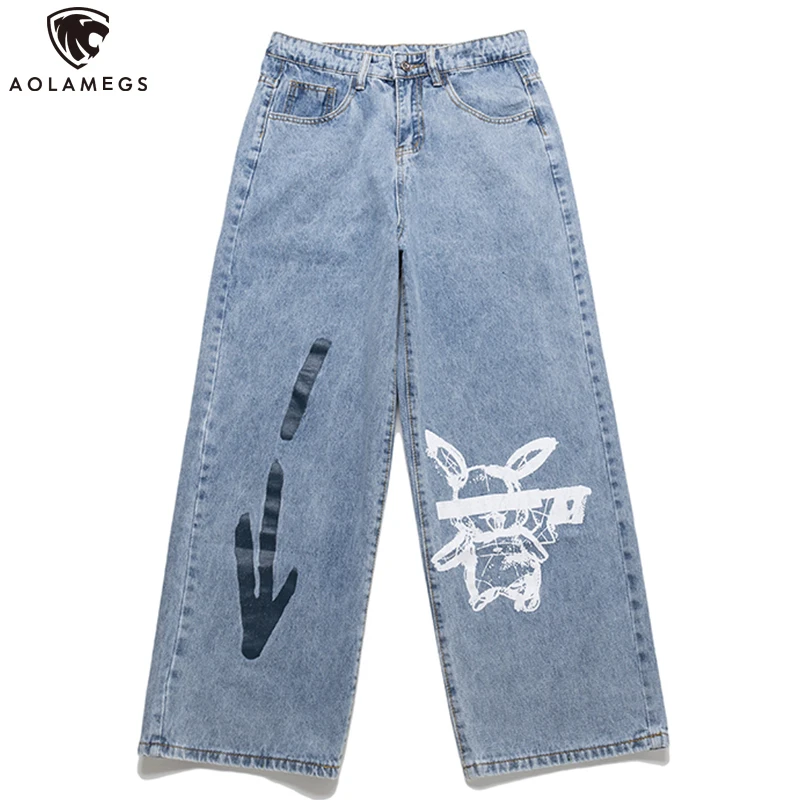 Aolamegs Jeans Men Cool Graffiti Print Denim Pants Solid Color Fashion Retro Baggy Hip Hop Style Jeans High Street Casual Pant Aolamegs Jeans Men Cool Graffiti Print Denim Pants Solid Color Fashion Retro Baggy Hip Hop Style Jeans High Street Casual Pant