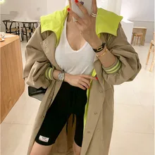 

2021 Autumn New Hooded Trench Coat Khaki Long Coat Female Trenchcoat Overcoat Windbreaker High Quality Color Block Long Coat