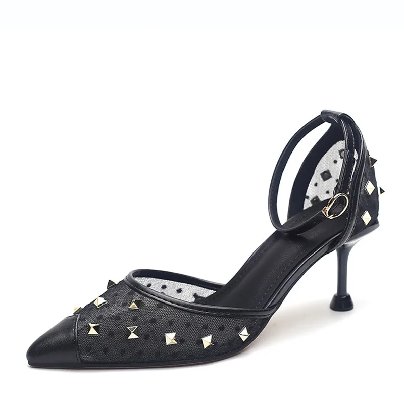 

570-12 Summer 2019 New Style WOMEN'S Shoes Pointed-Toe Thin Heeled Elegant Korean Version of Head Rivet Versitile Fashion Shoes