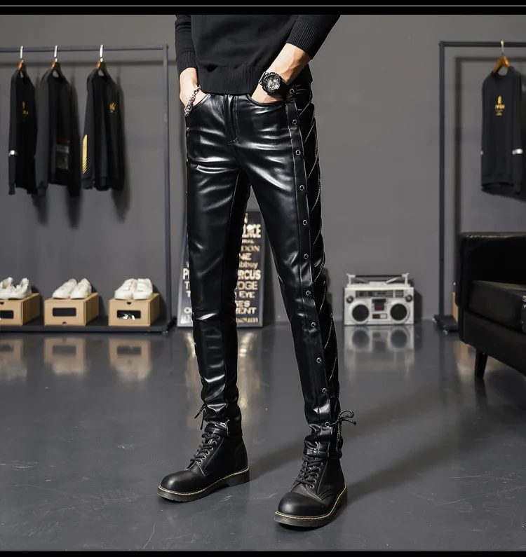 Description Picture 4 of itemHOO 2024 Men's New Threading Decorative Leather Pants Youth Personality Motorcycle Pants Black PU Leather Pants