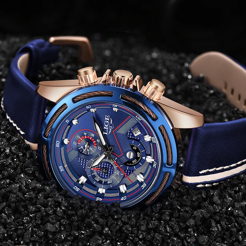 Lige Watch Men Fashion Sport Quartz Clock Leather Mens Watches Top Brand Luxury Blue Waterproof Bus-6