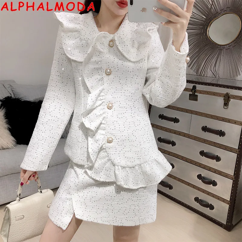 ALPHALMODA Блестящий твидовый милый кардиган с рюшами жакет + Асимметричная мини юбка