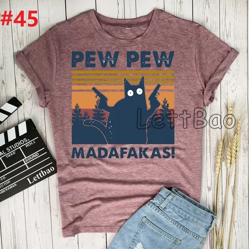 Camiseta de Madafakas de Pew para mujer, camiseta 2021 de algodón de manga corta, camiseta divertida de gato negro, Camiseta estampada de banda de moda, ropa 100%