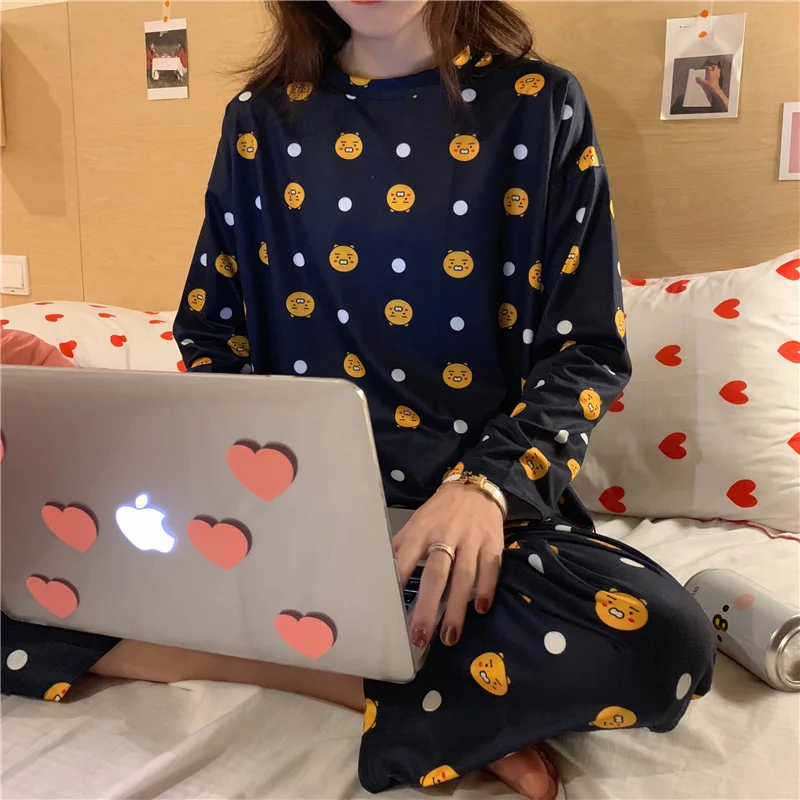 

Pajamas Women Long Sleeve Spring And Autumn Deep Blue Full Bear Head Set M -Xxl