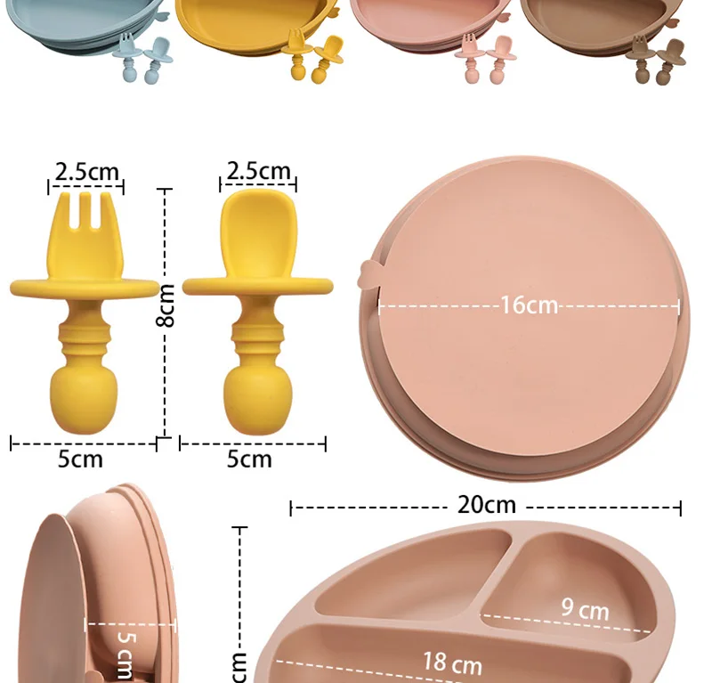 BPA Free Solid Silicon Baby Suction Plate Fashionable Feeding Accessorie Newborn Learning Plate Set With Fork Spoon Dropshipping